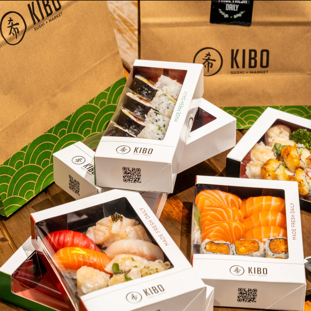 Kibo sushi restaurant sushi rolls and packaging