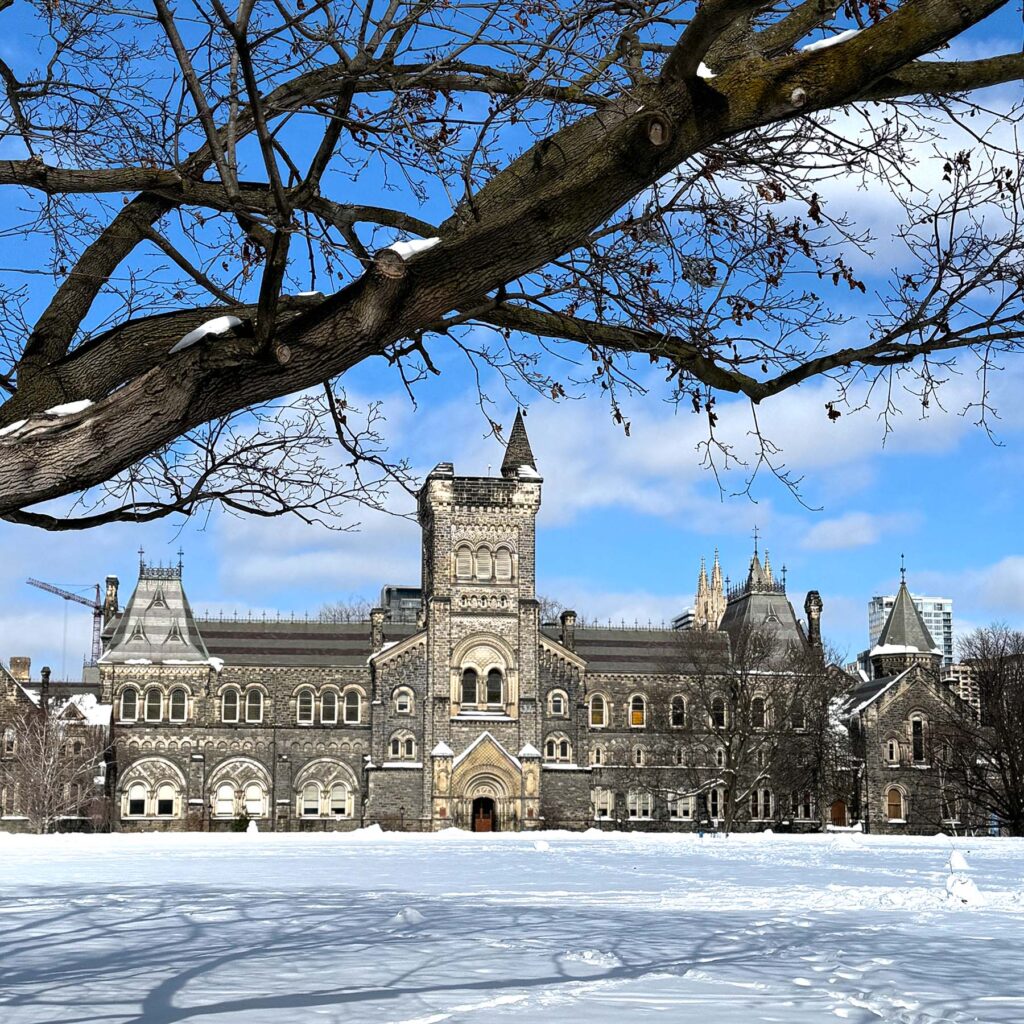 King's college circle covered in snow and University College in the background